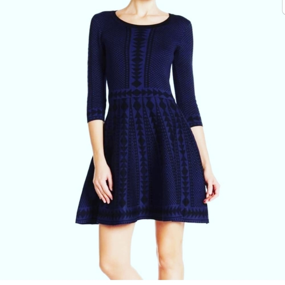 Nina Leonard navy tribal 3/4 sleeve sweater dress womens size Large (97)